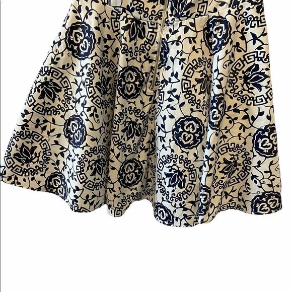 White & Navy Sateen Printed Strapless Party Dress - Picture 6 of 12